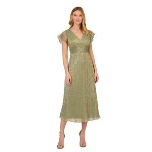 Adrianna Papell Women's V-Neck Crinkle Mesh Midi Dress, Color: Green slate, NEW